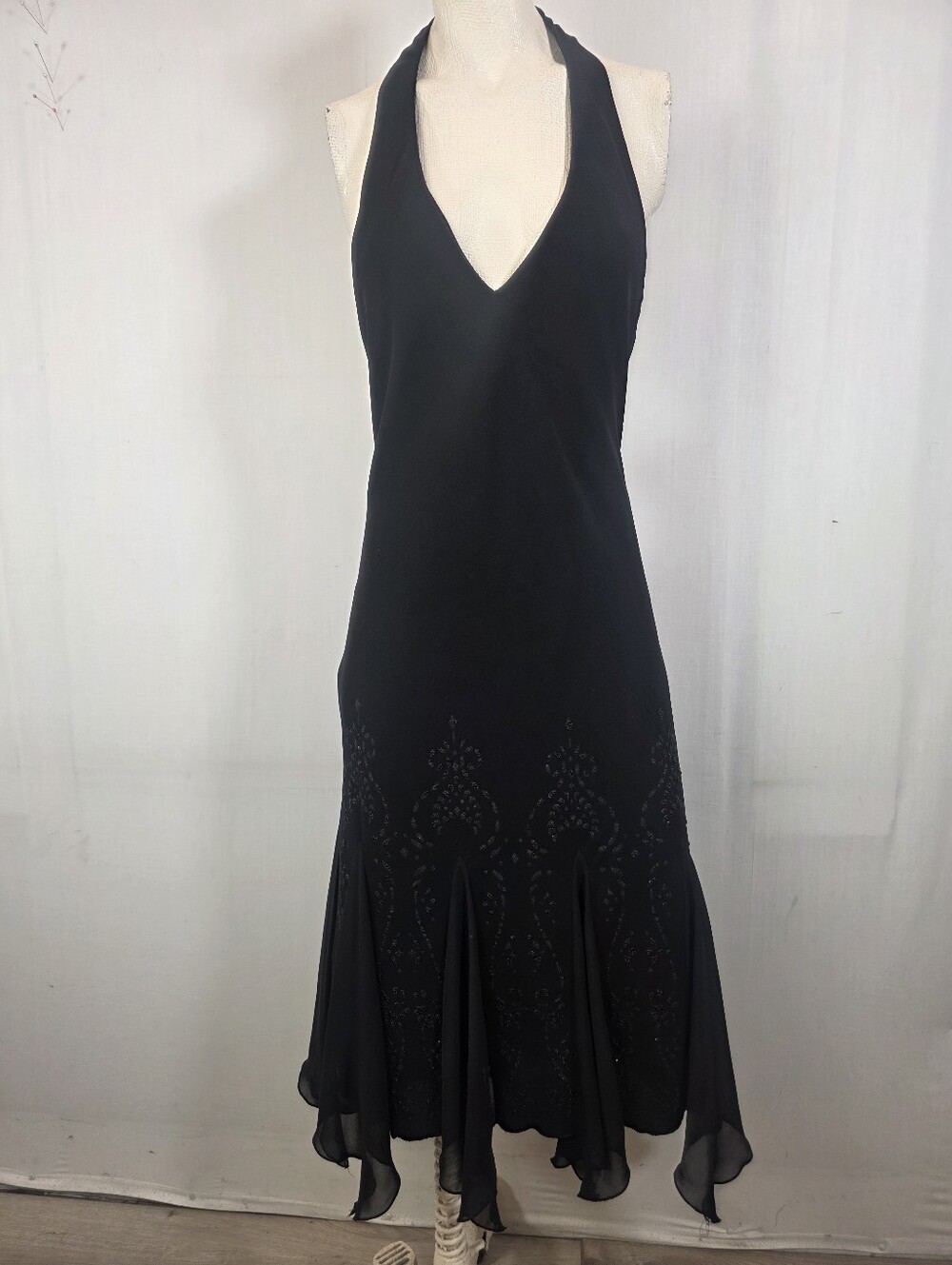 Title: Vtg S.L. Fashions Black Halter Midi Dress Beaded Damask Hem Drop Waist Si